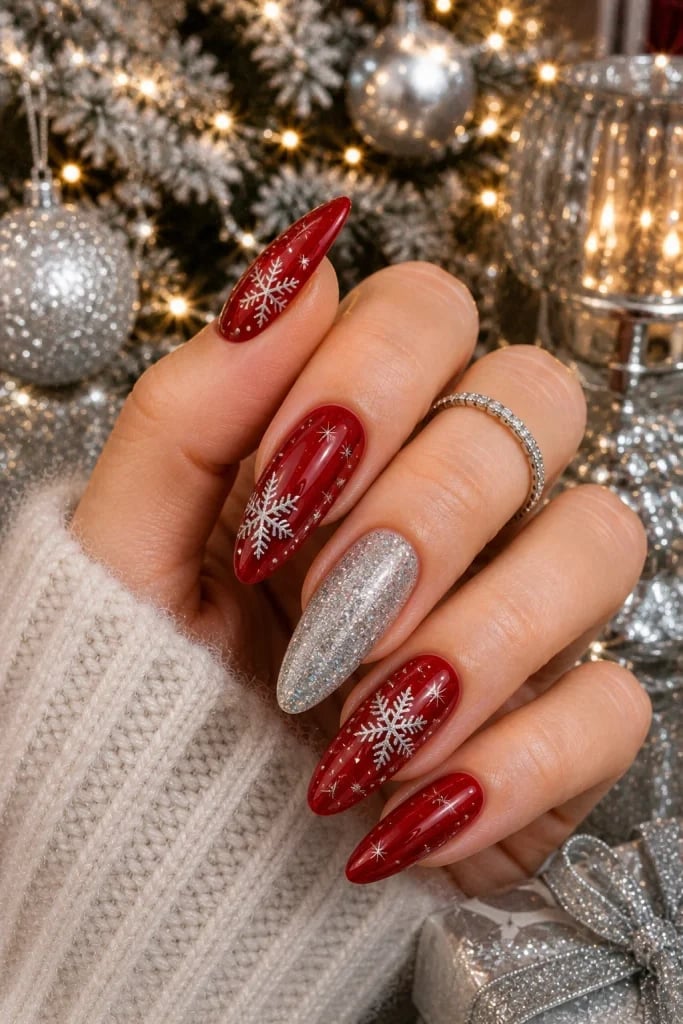 Deep Red With Silver Glitter Snowflake Accents — Silver Christmas Nails