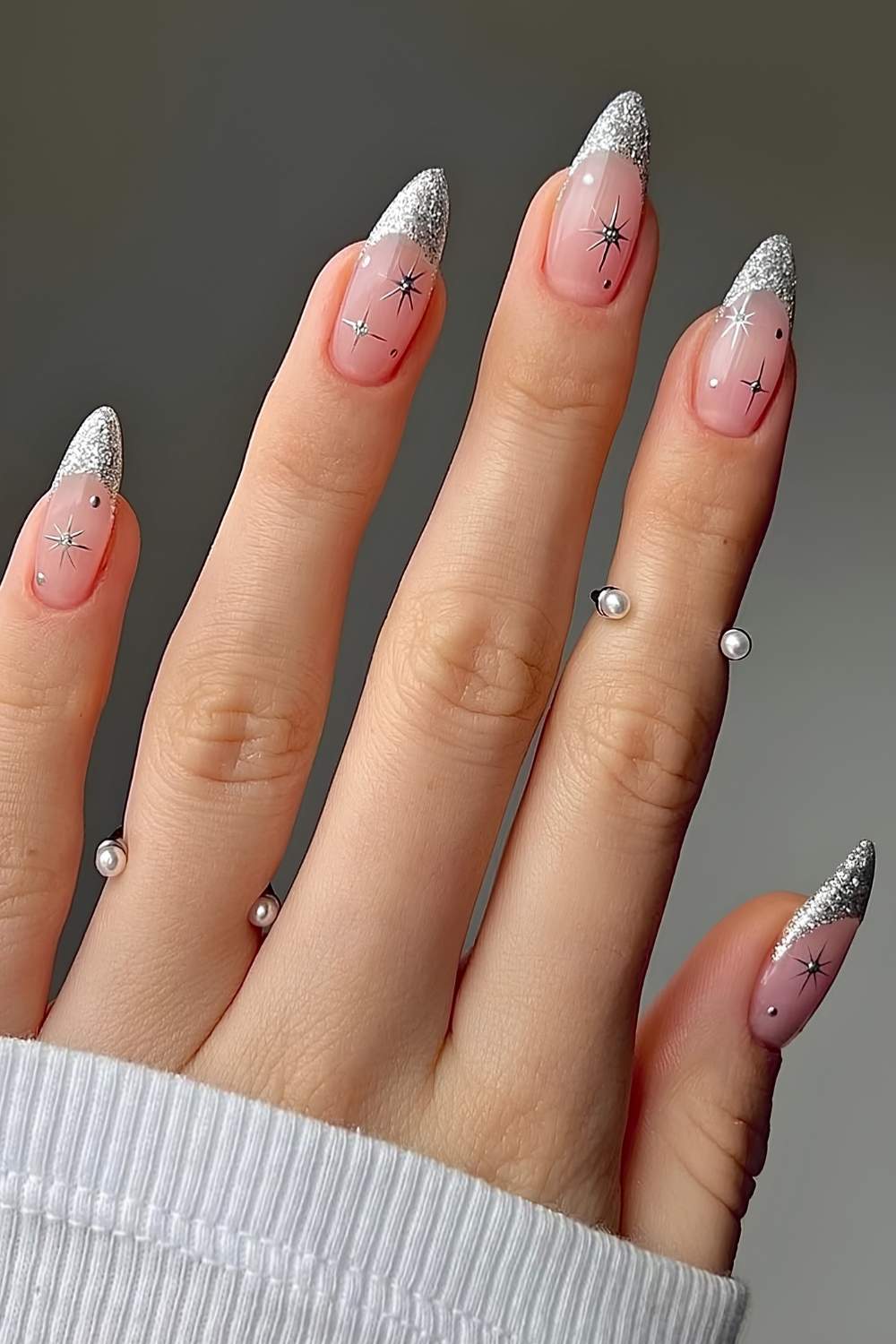 Long Almond Glitter Silver French Tips With Studs, Sheer Pink Base — Silver Christmas Nails
