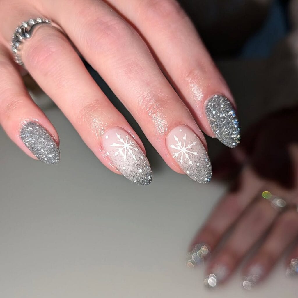 Medium Almond Glitter Gradient Matte Snowflake Nails — Silver Christmas Nails
