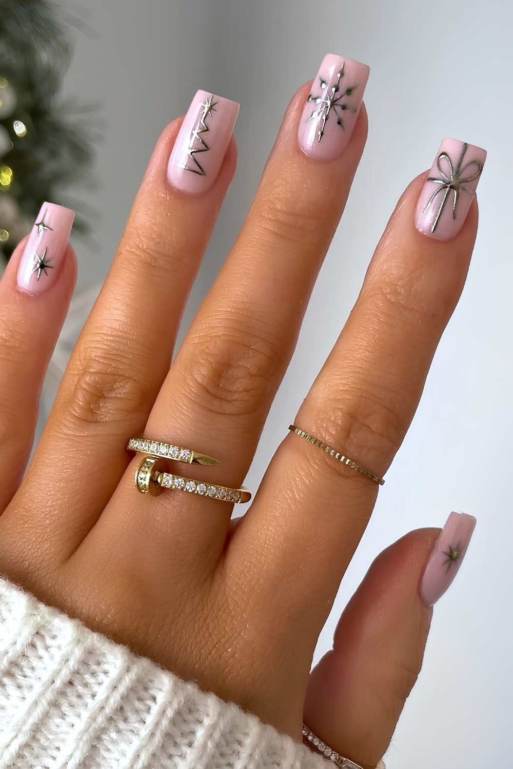 Medium Square Pale Pink Silver Christmas Motifs — Silver Christmas Nails