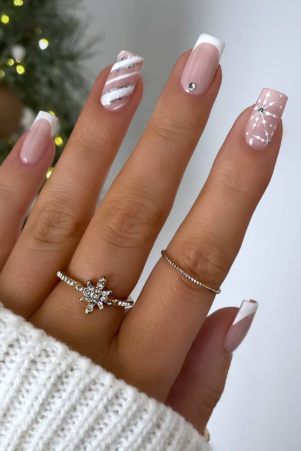 Short Square Nude White French Silver Stripes — Silver Christmas Nails