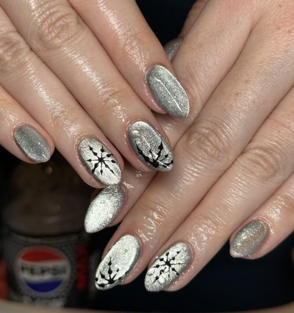 Short Almond Pink Silver Glitter Snowflake — Silver Christmas Nails