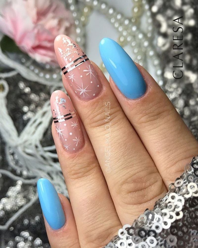 Long Oval Light Pink Blue Snowflake Stripe Nails Long Oval Light Pink Blue Snowflake Stripe Nails — Winter Wonderland Nails