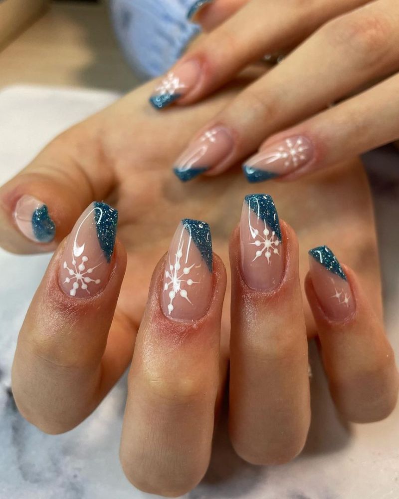 Medium Coffin Glitter Blue French Snowflake Nails Medium Coffin Glitter Blue French Snowflake Nails — Winter Wonderland Nails
