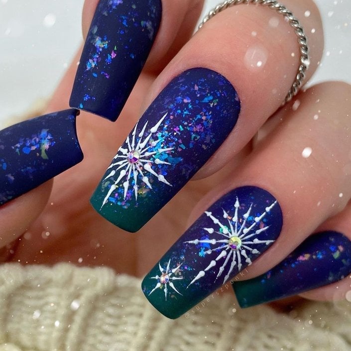 Long Coffin Navy Teal Snowflake Glitter Nails Long Coffin Navy Teal Snowflake Glitter Nails — Winter Wonderland Nails