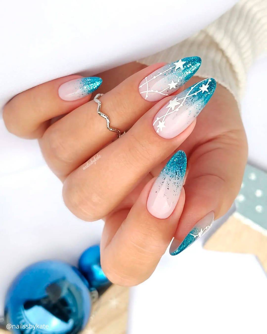 Long Almond Pink Teal Glitter Star Line Nails Long Almond Pink Teal Glitter Star Line Nails — Winter Wonderland Nails