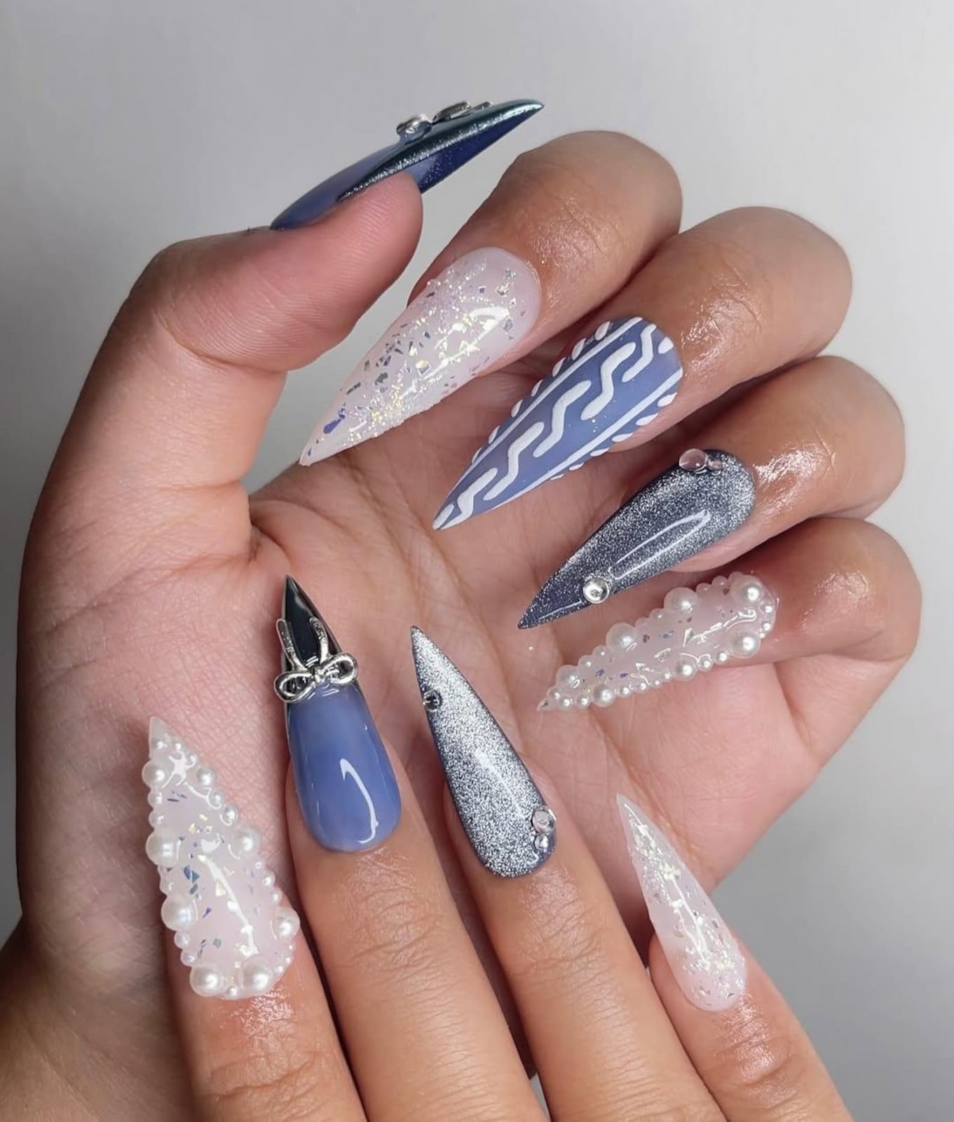 Long Stiletto Pearl Rhinestone Cable Knit Nails Long Stiletto Pearl Rhinestone Cable Knit Nails — Winter Wonderland Nails