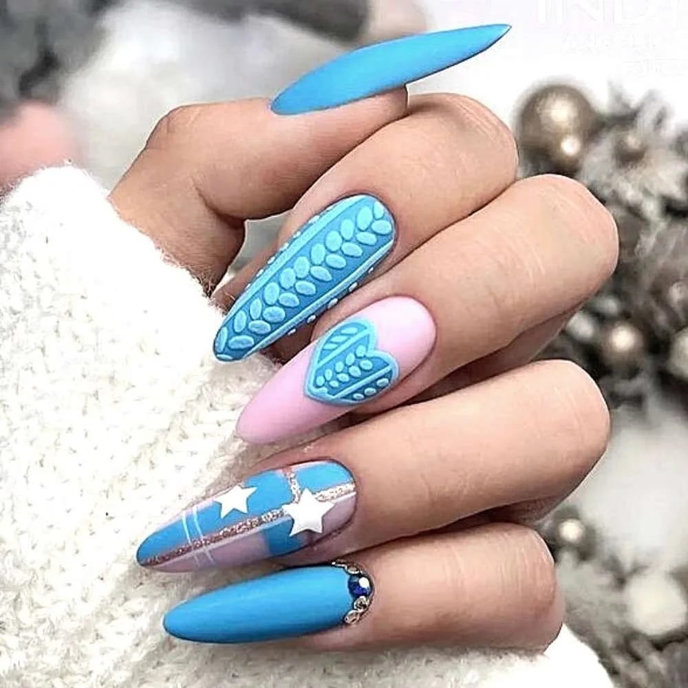 Long Coffin Matte 3D Sweater Heart Nails, Close-Up Take Long Coffin Matte 3D Sweater Heart Nails, Close-Up Take — Winter Wonderland Nails
