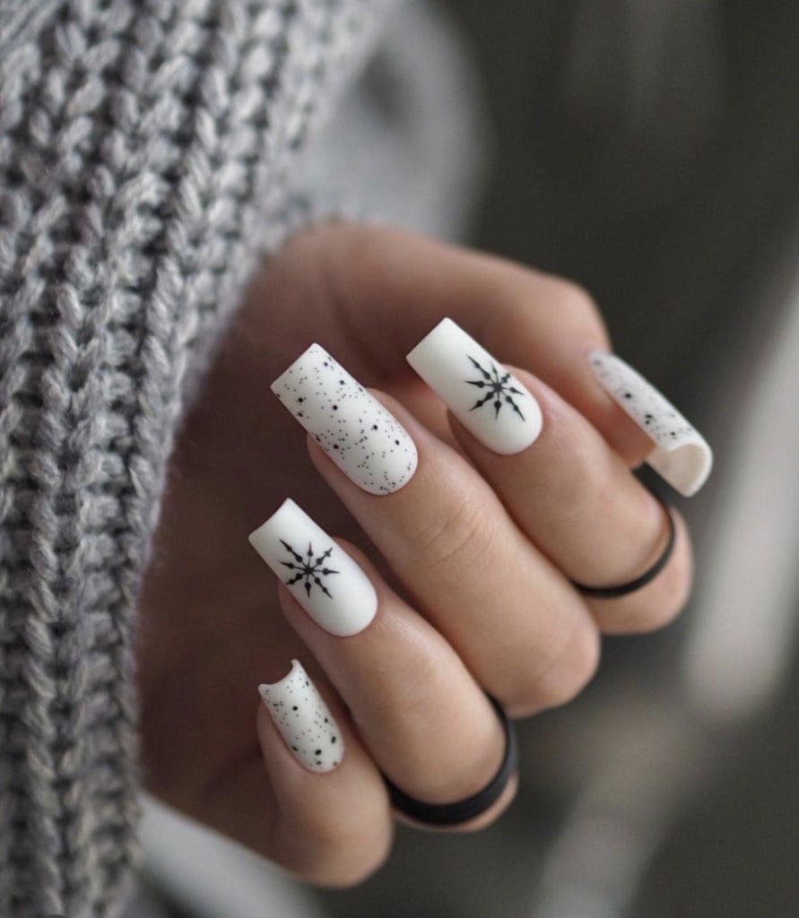Long Square Matte White Black Speckle Snowflake Nails Long Square Matte White Black Speckle Snowflake Nails — Winter Wonderland Nails