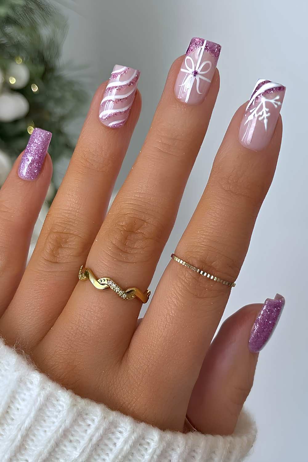 Short Square Purple Glitter Pink White Bow Snowflake Nails Short Square Purple Glitter Pink White Bow Snowflake Nails — Winter Wonderland Nails