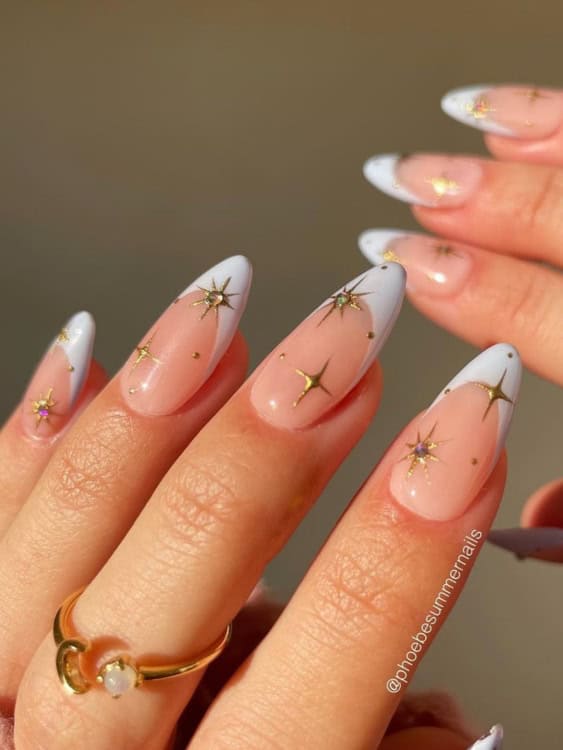 Medium Almond Pink White French Gold Starburst Rhinestone Nails Medium Almond Pink White French Gold Starburst Rhinestone Nails — Winter Wonderland Nails