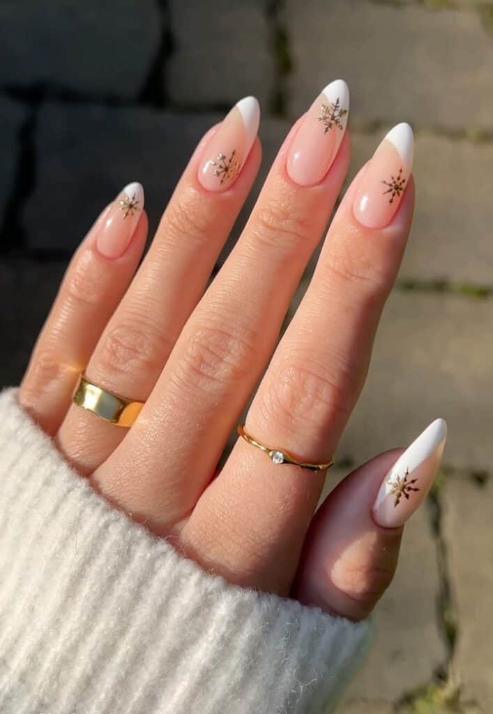 Medium Almond Pink Nude White French Gold Snowflake Nails, миндальные Medium Almond Pink Nude White French Gold Snowflake Nails, миндальные — Winter Wonderland Nails