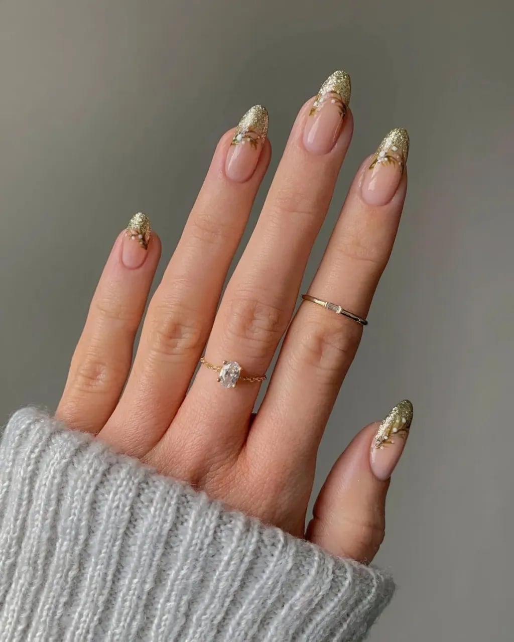 Medium Almond Sheer Pink Gold Glitter Floral French Nails Medium Almond Sheer Pink Gold Glitter Floral French Nails — Winter Wonderland Nails