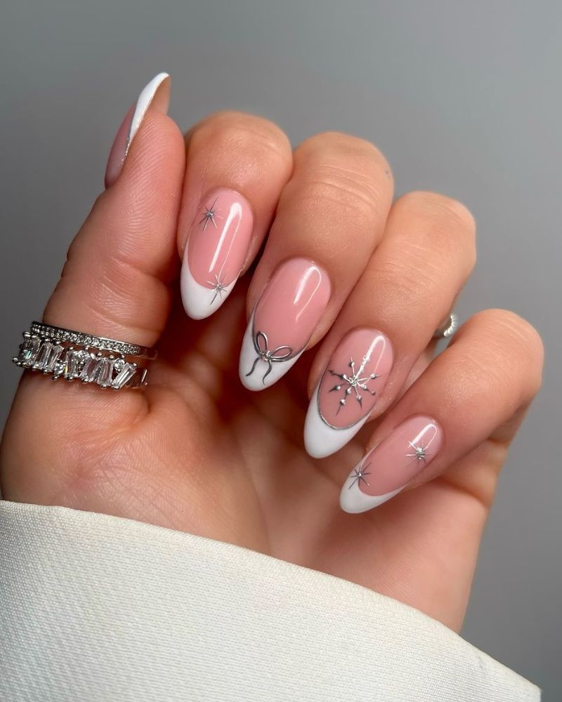 Medium Almond Pink White French Silver Bow Starburst Nails, Glossy Medium Almond Pink White French Silver Bow Starburst Nails, Glossy — Winter Wonderland Nails