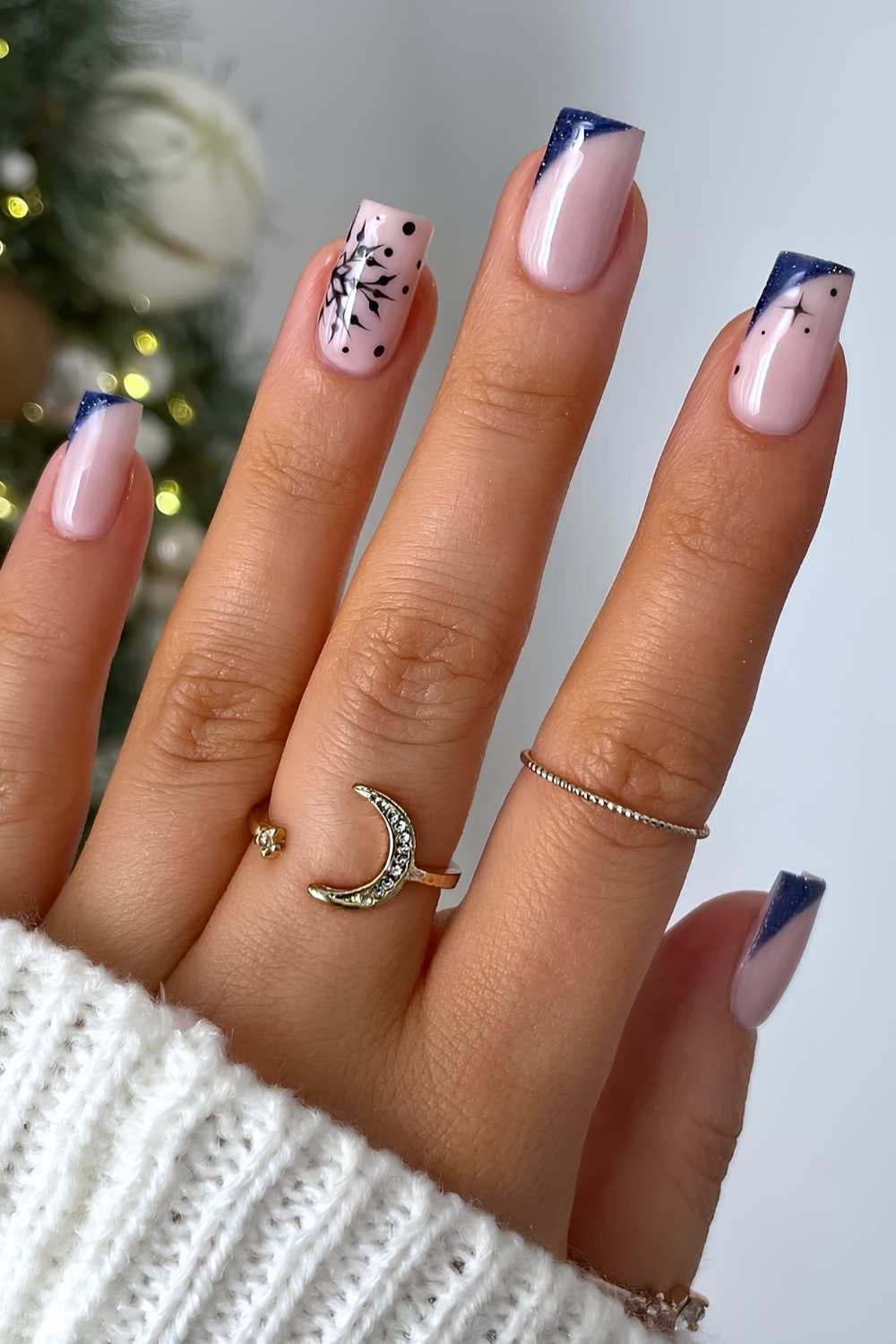 Medium Square Sheer Pink Dark Blue Snowflake Nails Medium Square Sheer Pink Dark Blue Snowflake Nails — Winter Wonderland Nails