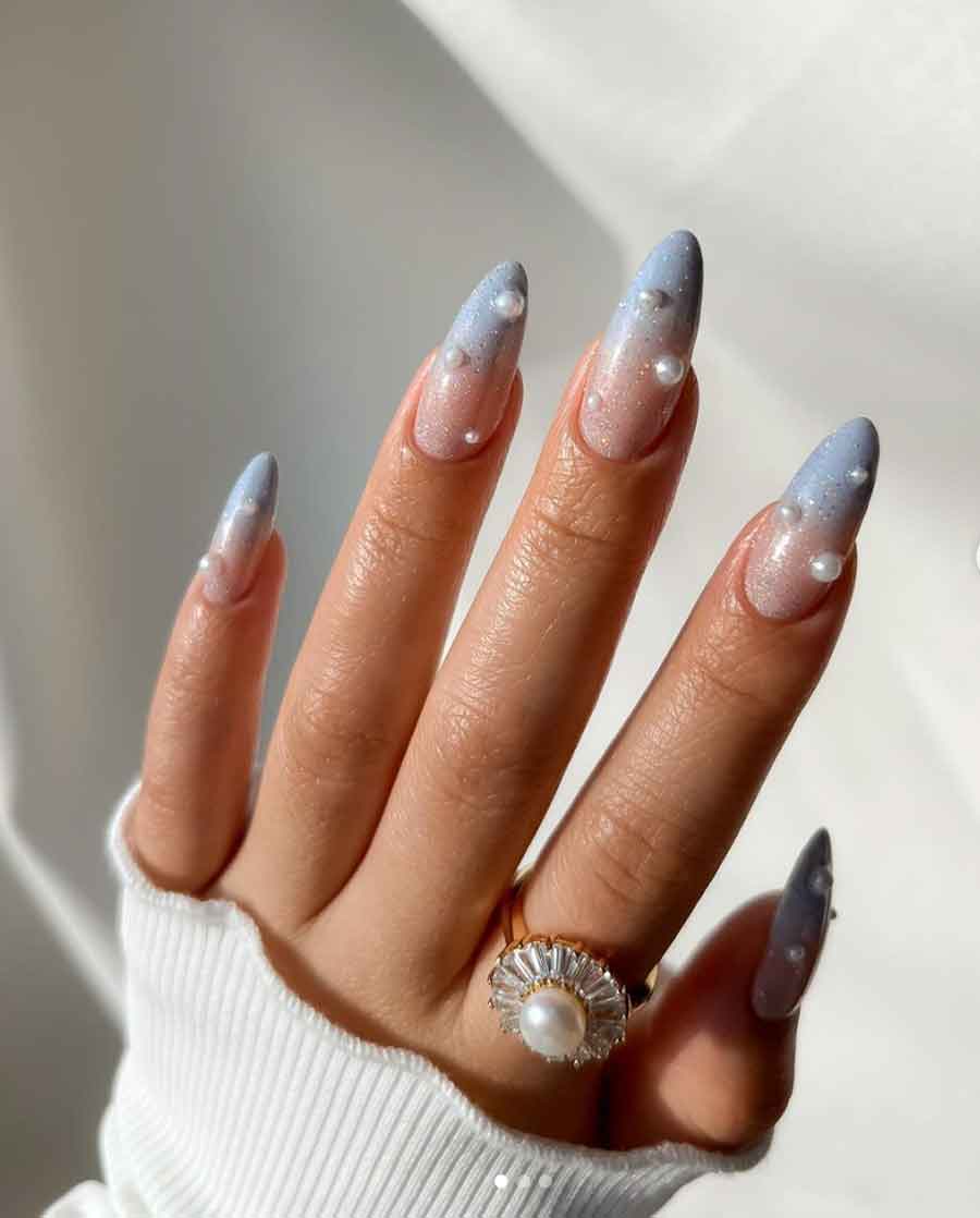 Medium Almond Sharp Blue Pink Glitter Snowflake Rhinestone Nails Medium Almond Sharp Blue Pink Glitter Snowflake Rhinestone Nails — Winter Wonderland Nails