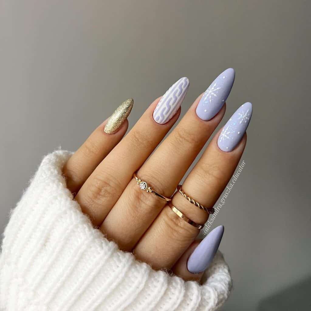 Medium Almond Matte Periwinkle Blue Gold Glitter Cable Knit Snowflake Medium Almond Matte Periwinkle Blue Gold Glitter Cable Knit Snowflake — Winter Wonderland Nails