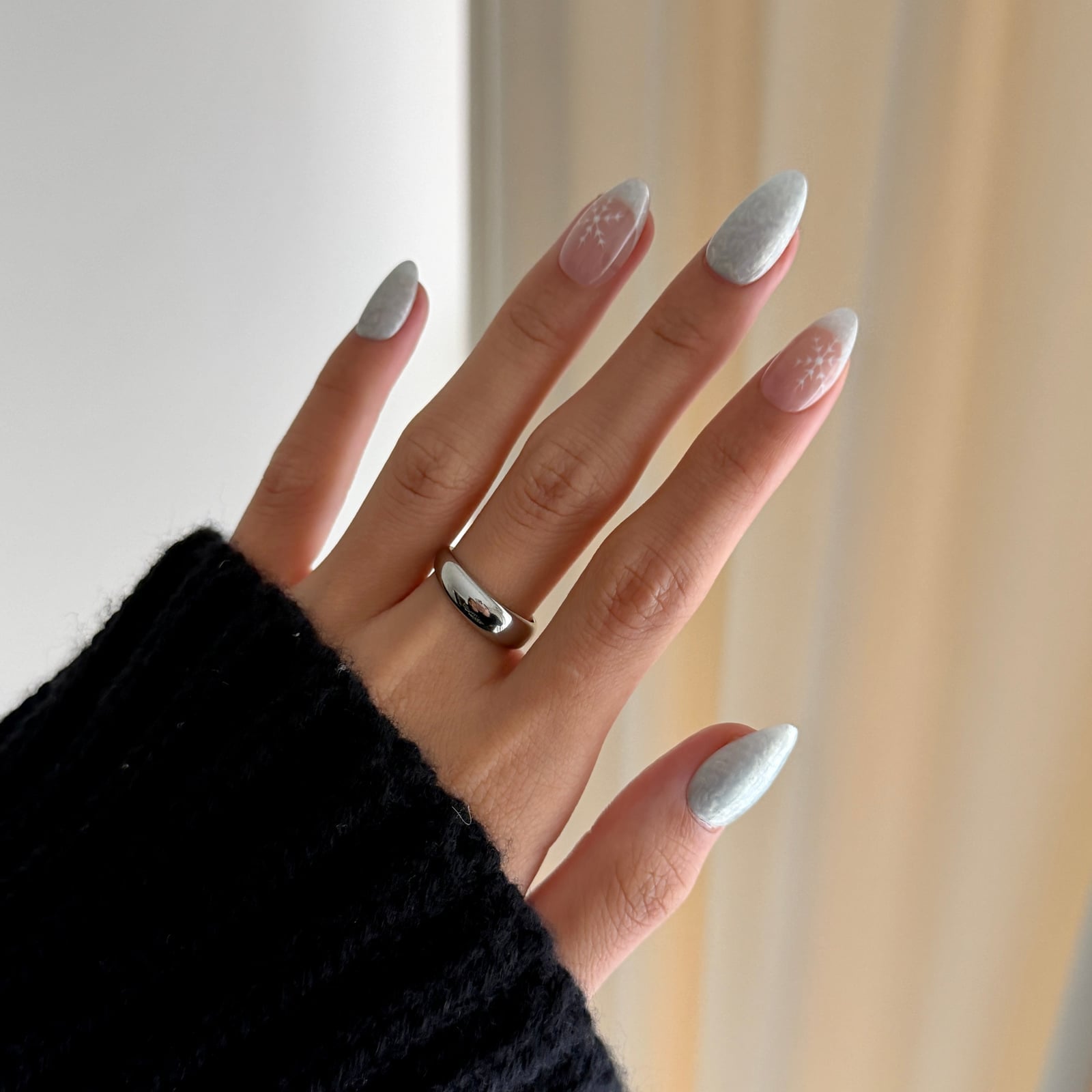 Medium Almond Pale Blue Gray French Snowflake Nails, Glossy Medium Almond Pale Blue Gray French Snowflake Nails, Glossy — Winter Wonderland Nails