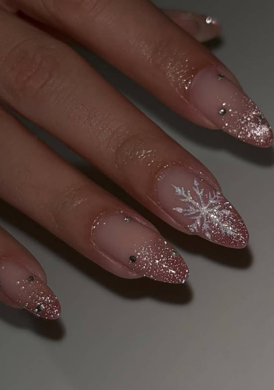 Medium Almond Pink White French Lace Snowflake Nails Medium Almond Pink White French Lace Snowflake Nails — Winter Wonderland Nails