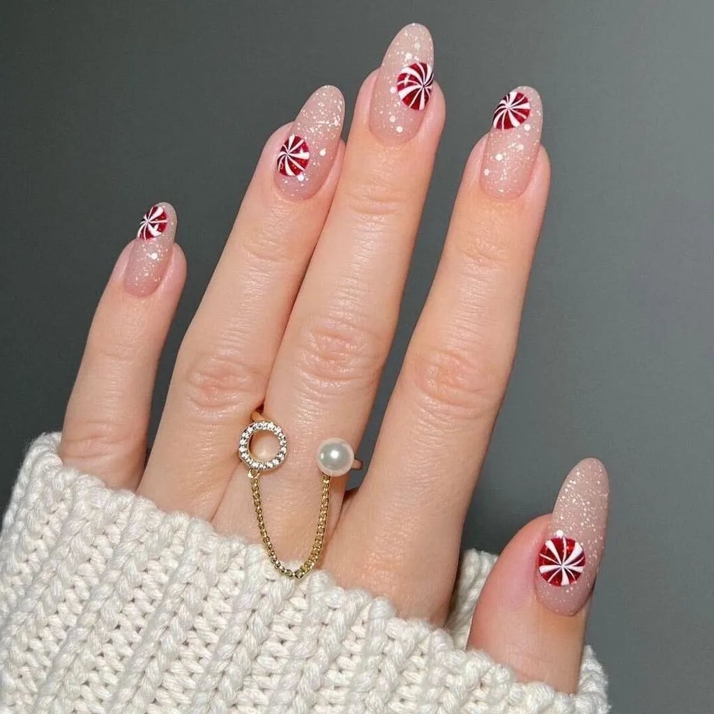 Medium Almond Nude Glitter Peppermint Candy Nails Medium Almond Nude Glitter Peppermint Candy Nails — Winter Wonderland Nails