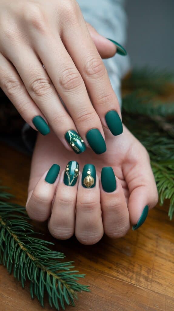 Short Square Matte Green with Gold Foil and Stripes — Dark Green Christmas Nails