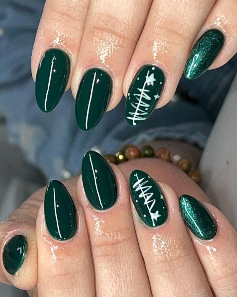 Dark Green with White Line Art Christmas Trees — Dark Green Christmas Nails