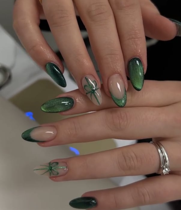 Sheer Nude French Tip with Green Bow Art — Dark Green Christmas Nails