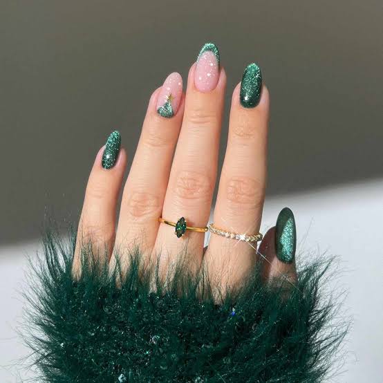 Dark Green Glitter French Tip Christmas Tree Art — Dark Green Christmas Nails