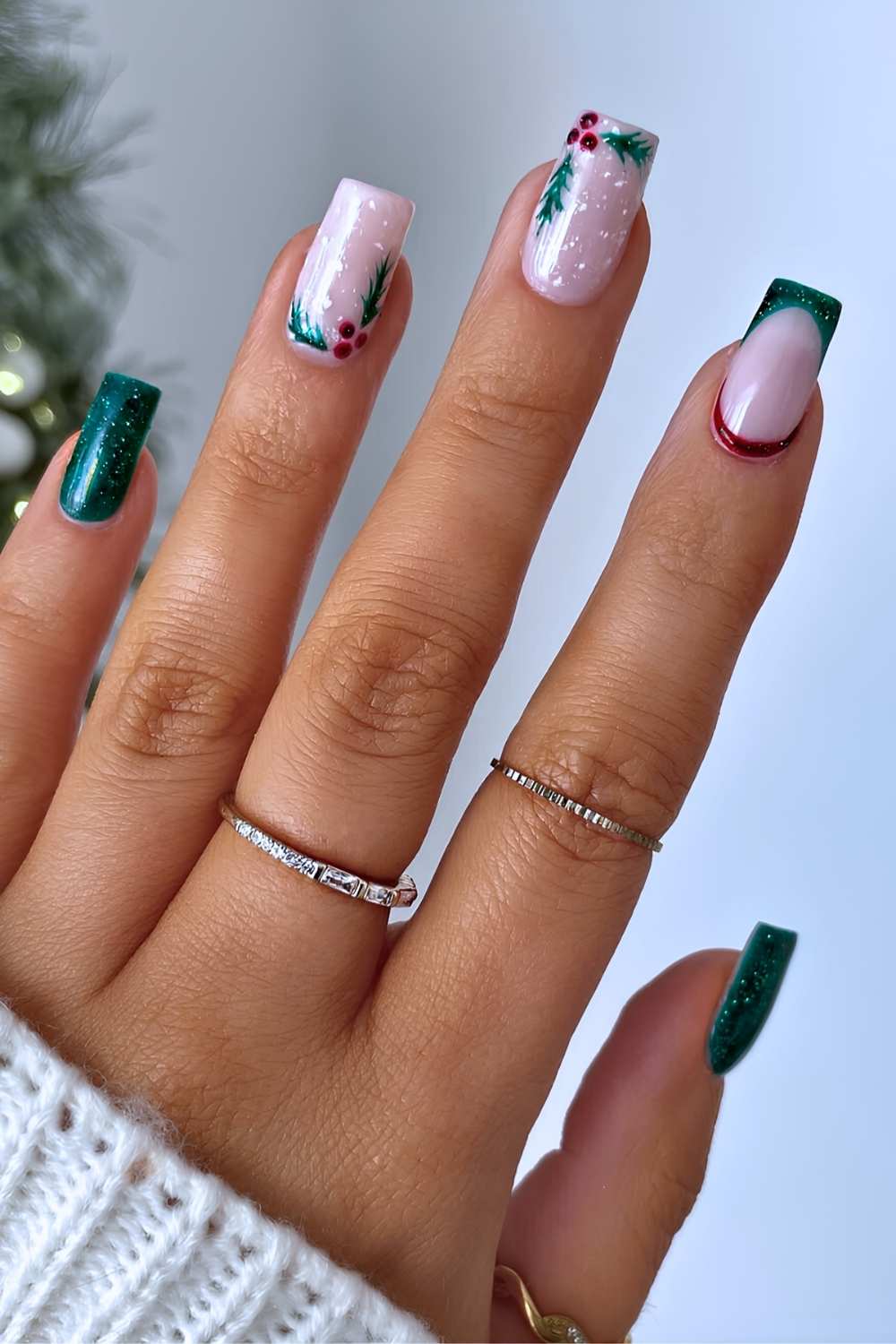 Medium Square Pink Base with Holly Berry Art — Dark Green Christmas Nails