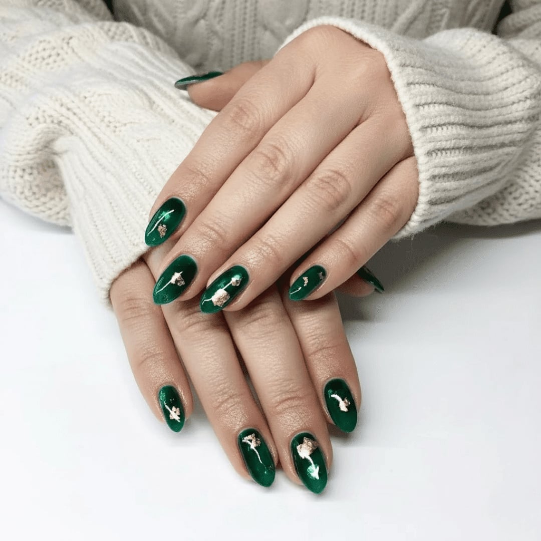 Short Almond Dark Green with Gold Leaf Accents — Dark Green Christmas Nails
