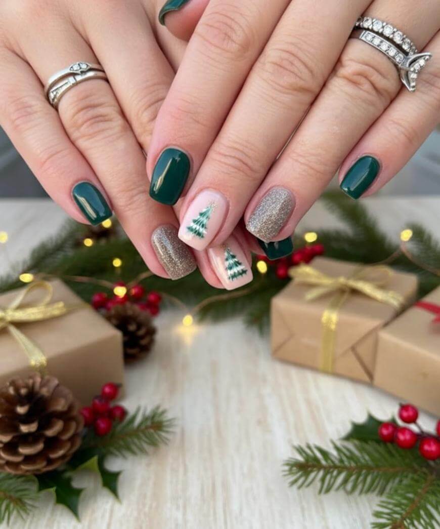 Short Oval Dark Green with Nude and Silver Glitter Trees — Dark Green Christmas Nails