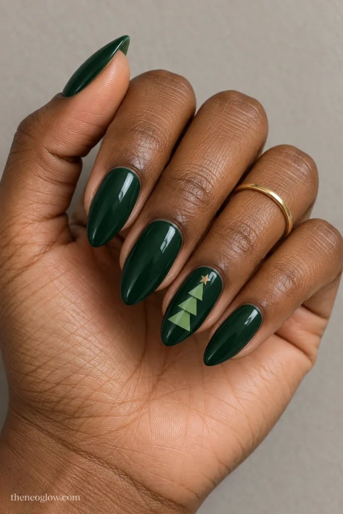 Medium Square Glossy Green with Gold Glitter Stars — Dark Green Christmas Nails