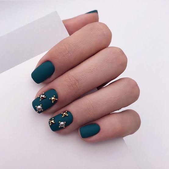 Medium Square Dark Teal Matte with Charms — Dark Green Christmas Nails