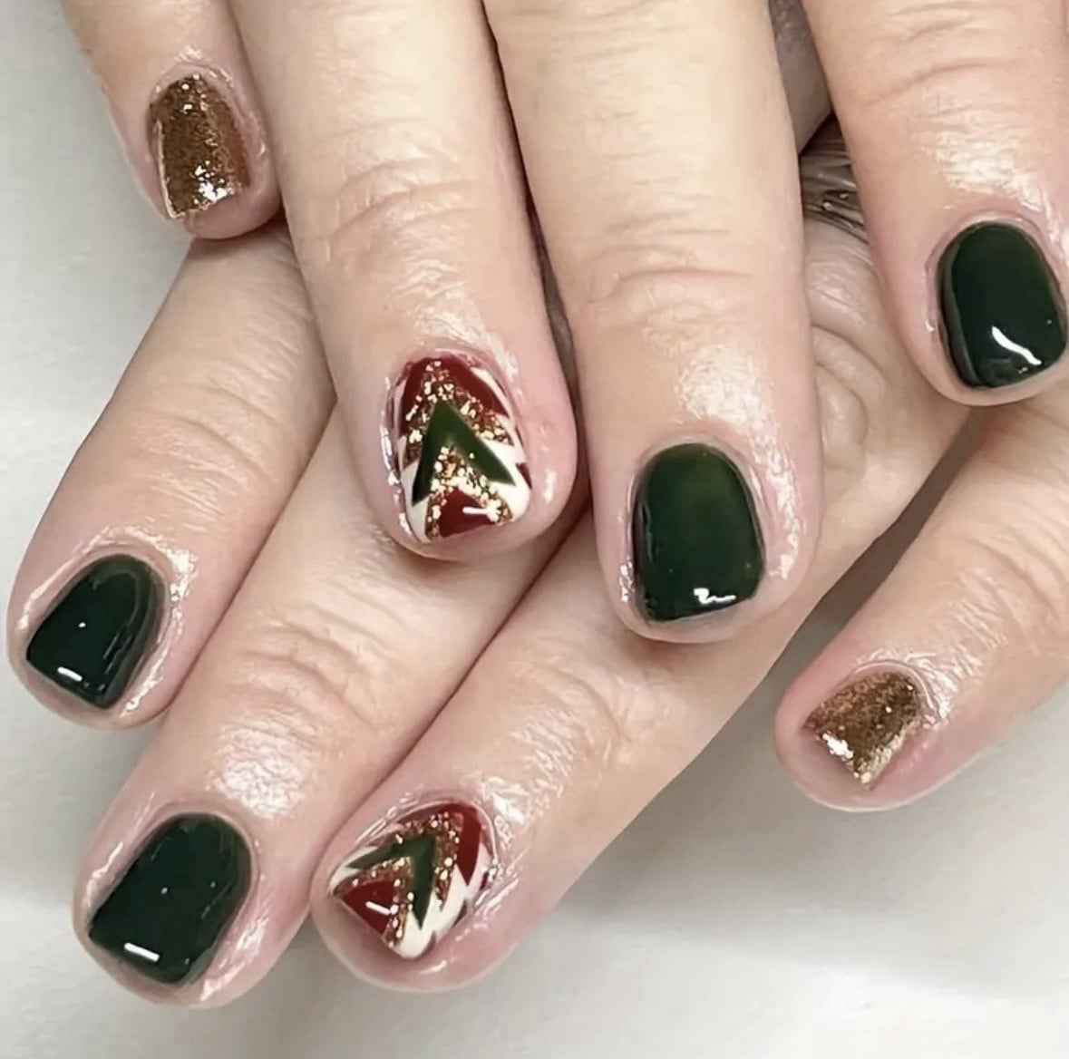 Short Square Green with Gold Glitter and Trees — Dark Green Christmas Nails