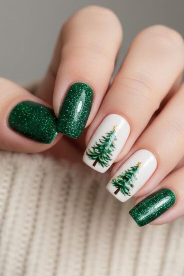 Square Deep Green With Stylized Trees — Christmas Tree Nail Art