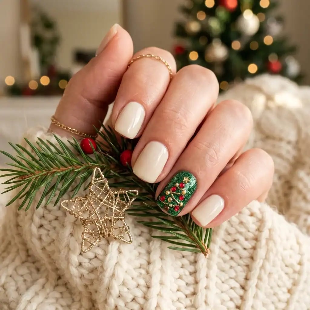 Short Oval Nude With Glitter Green Tree — Christmas Tree Nail Art