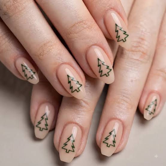 Medium Almond Nude With Dark Green Tree Outlines — Christmas Tree Nail Art