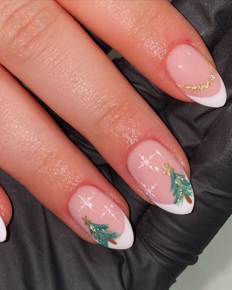Almond French Manicure With Green Trees — Christmas Tree Nail Art