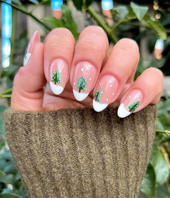 Medium Almond Clear Base With Green Trees — Christmas Tree Nail Art