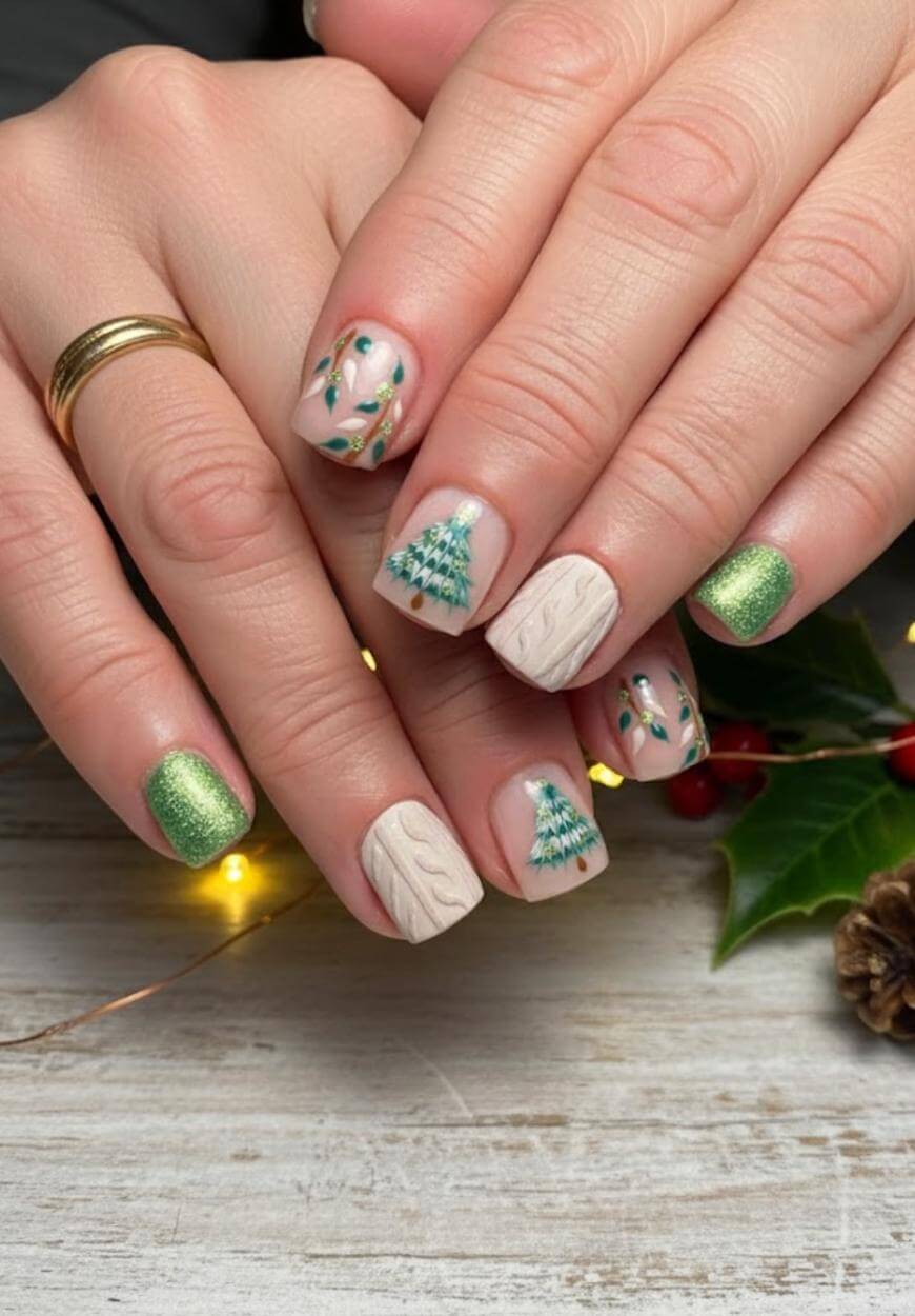 Short Square Green Trees And Cable Knit — Christmas Tree Nail Art