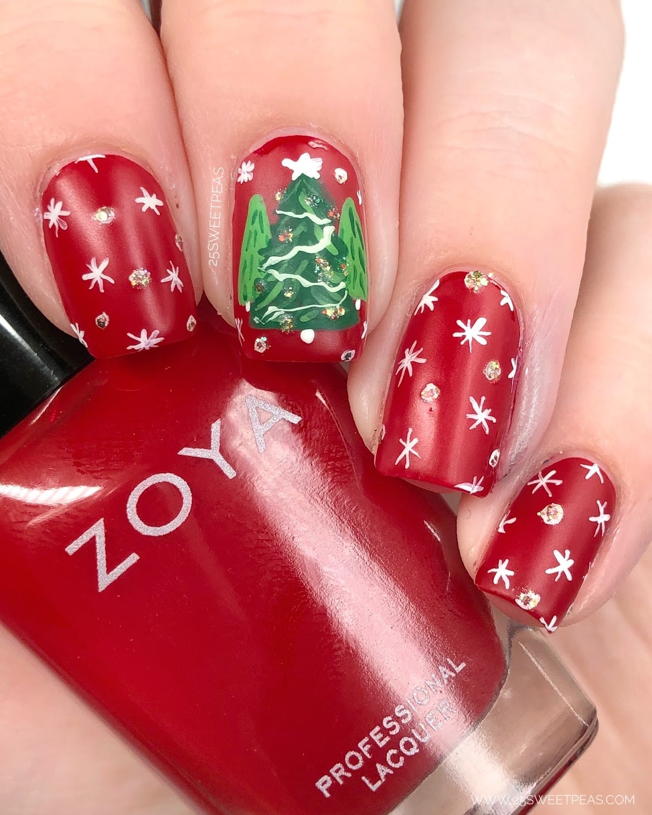 Short Square Red Matte With Detailed Tree — Christmas Tree Nail Art