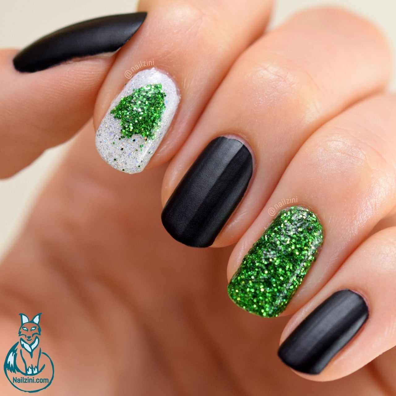Short Square Matte Black With Glitter Tree — Christmas Tree Nail Art