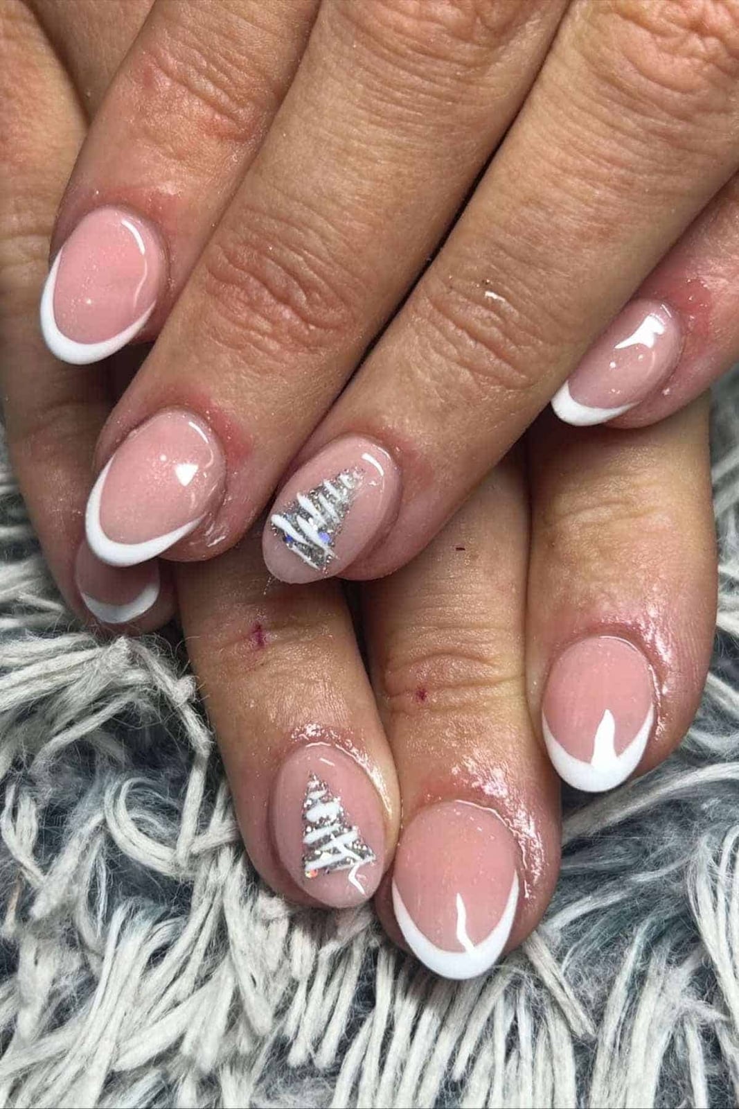 Short Oval Pink French With Silver Trees — Christmas Tree Nail Art