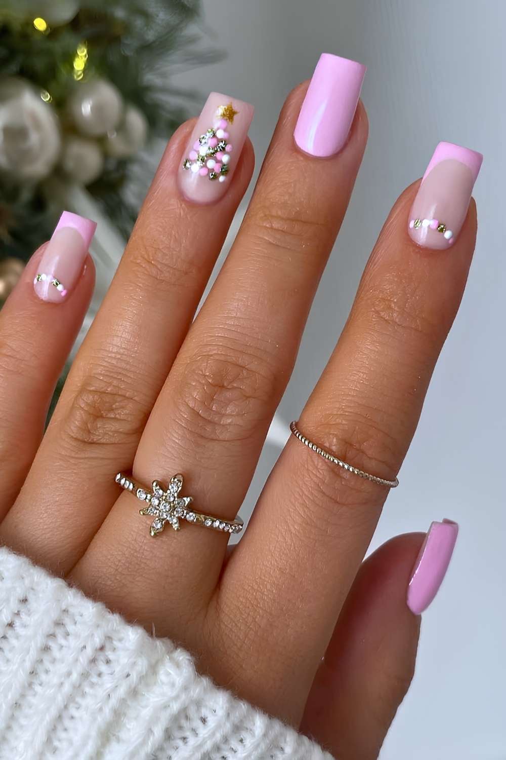 Short Square Pink French With Jeweled Tree — Christmas Tree Nail Art