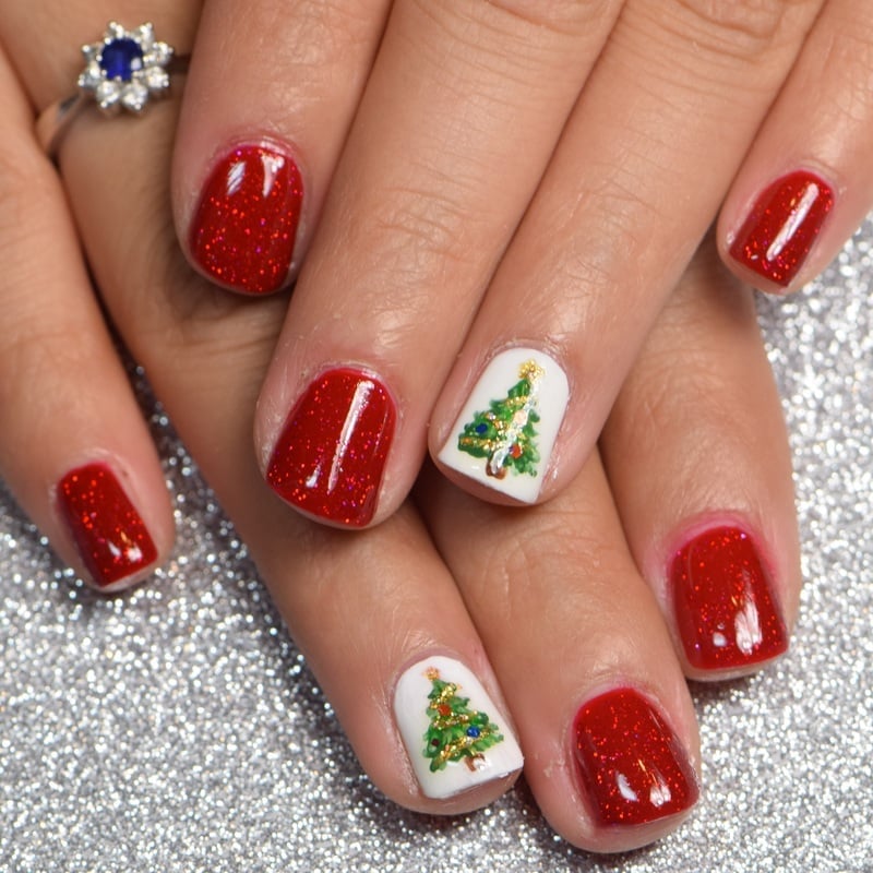 Short Square Red Glitter With Detailed Trees — Christmas Tree Nail Art