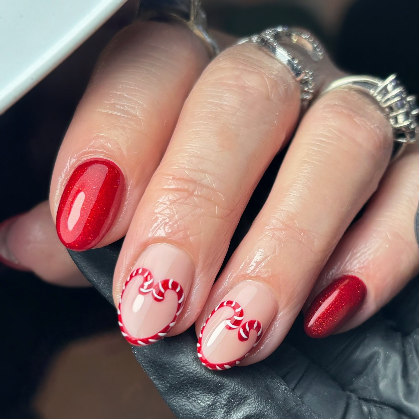 Sparkling Red Candy Cane Heart French Tips