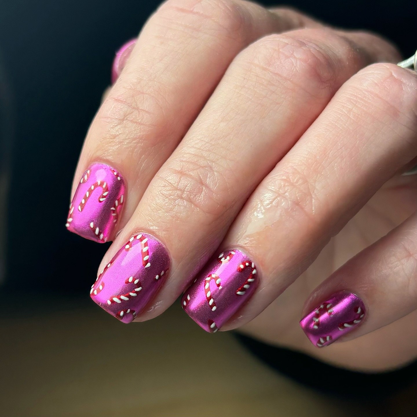 Metallic Pink Candy Cane French Tips
