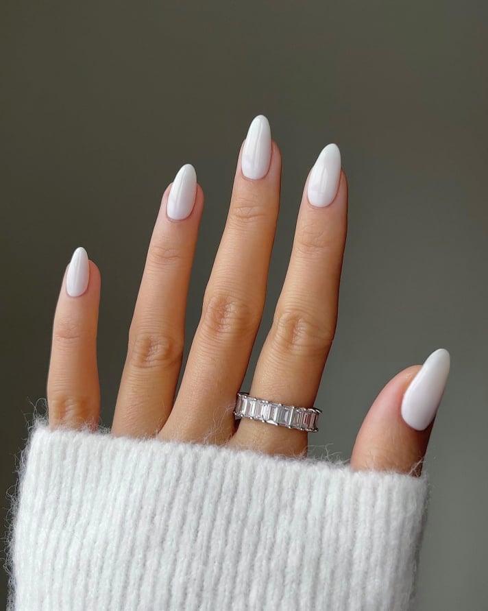 Opaque White Glossy Medium Almond Nails — Winter White Nails