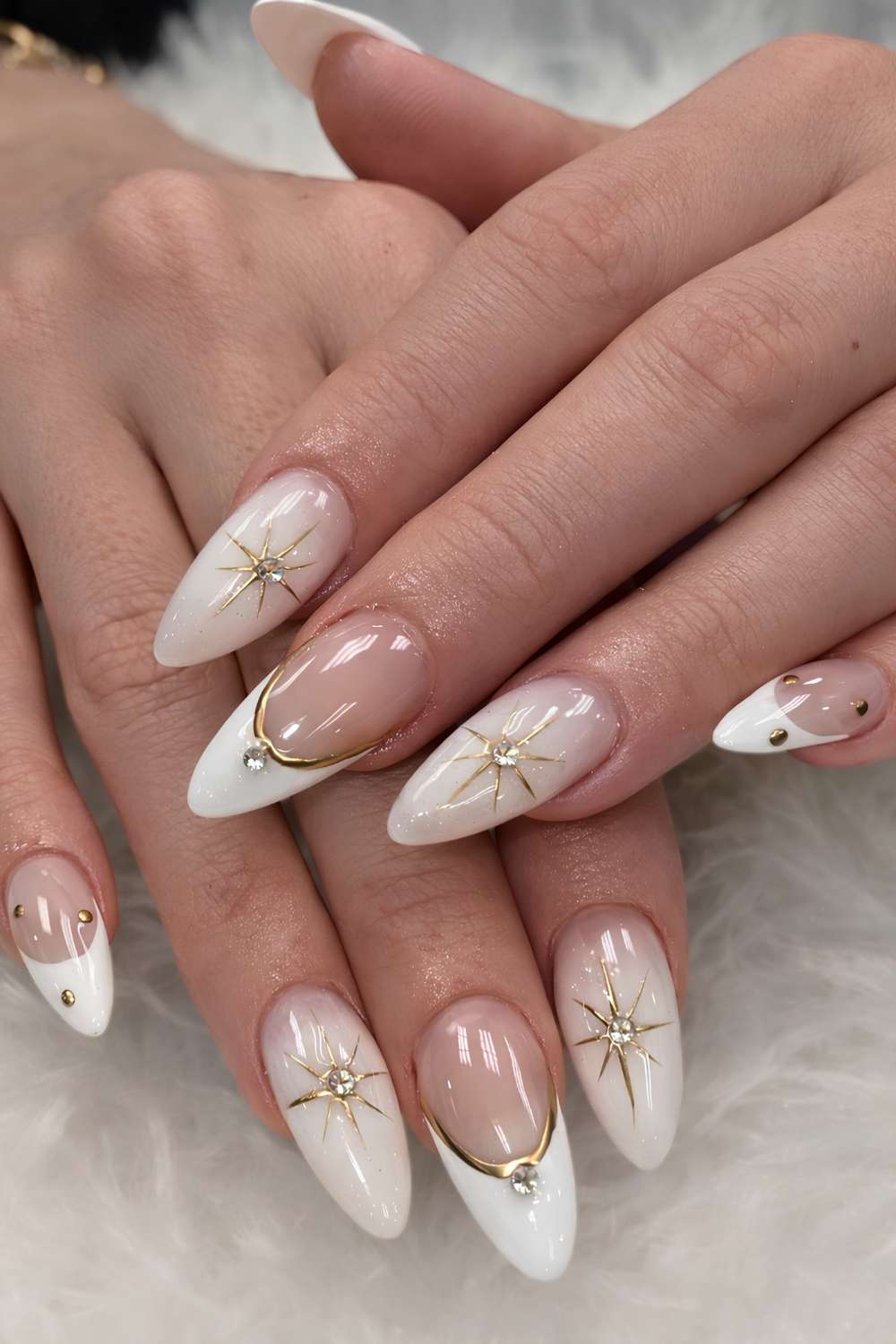 Milky White French Tip Long Almond Nails With Gold Accents — Winter White Nails