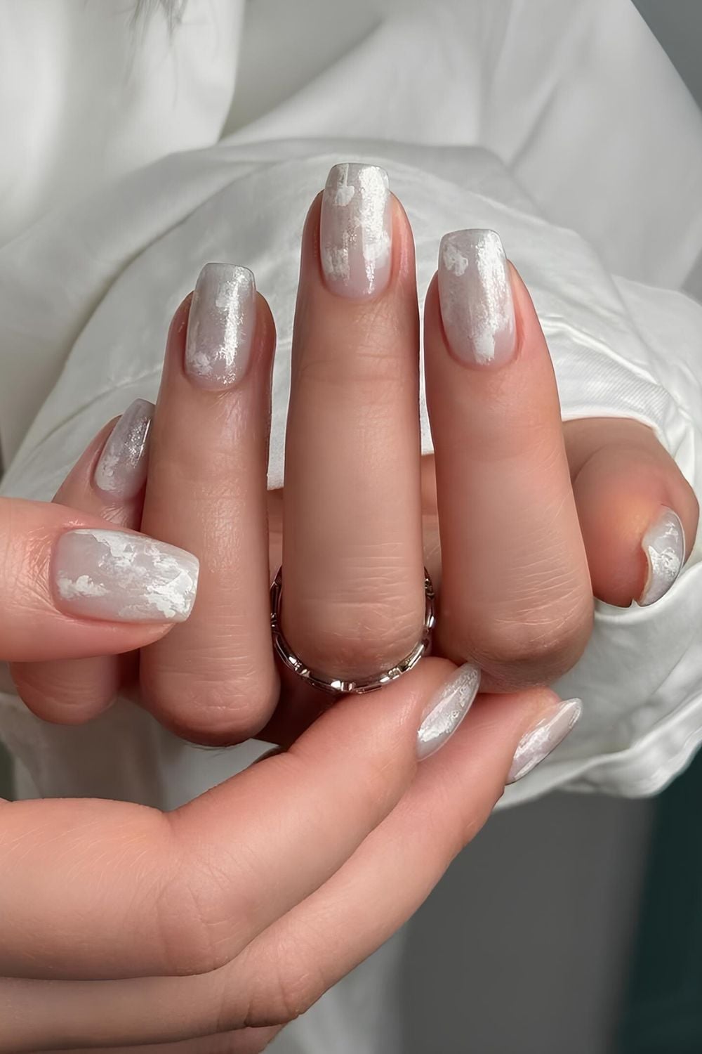 Abstract White Shimmer Brush Stroke Short Square Nails — Winter White Nails